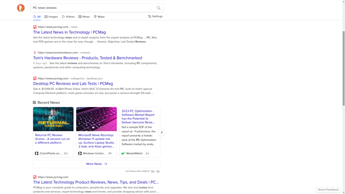 Zoeken naar "PC news reviews". Merk op hoeveel van de links van dezelfde website komen (PCMag)