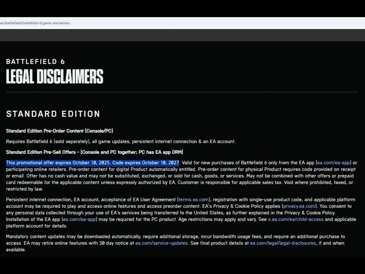 Battlefield 6 Standard Edition juridische disclaimers pagina met einddatum voor pre-order promotie. (Afbeeldingsbron: Eurogamer)