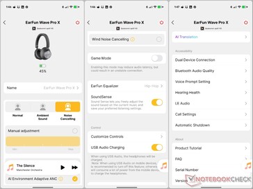 Opties van de EarFun Audio-app.