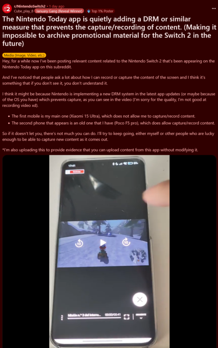 DRM-beperkingen van de Nintendo Today! app (Afbeelding bron: screenshot, Nintendo Switch 2 subreddit)
