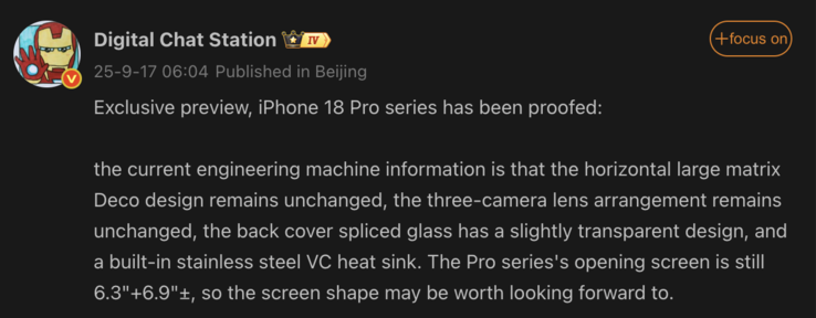 Details van de iPhone 18 Pro uitgelekt. (Afbeeldingsbron: Weibo - machine vertaald)