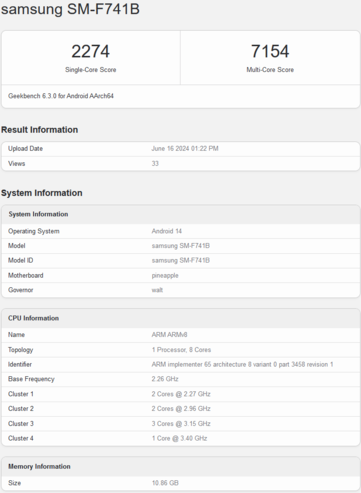 Samsung Galaxy Z Flip6 Geekbench listing met 12 GB RAM (afbeelding via Geekbench)