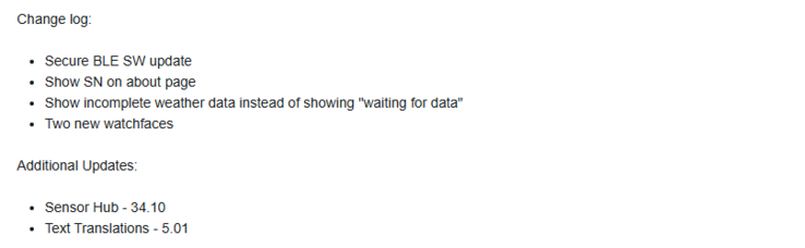De release notes voor bètaversie 5.01 voor de Garmin Lily 2 Active. (Afbeelding bron: Garmin)