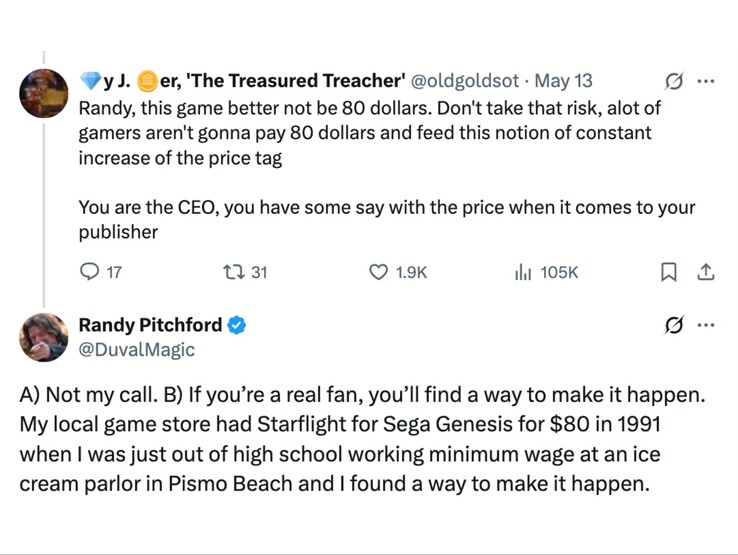 Reactie van Randy Pitchford op de opmerking van een fan over de prijs van Borderlands 4. (Afbeelding bron: Randy Pitchford op X)