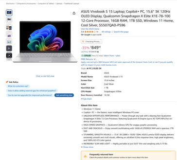 Asus Vivovook S 15 Amazon listing met dezelfde waarschuwing (afbeeldingsbron: Amazon)