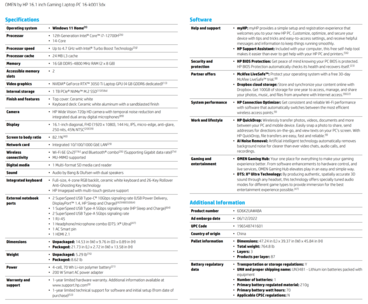 HP Omen 16 - Intel - Specificaties. (Bron: HP)
