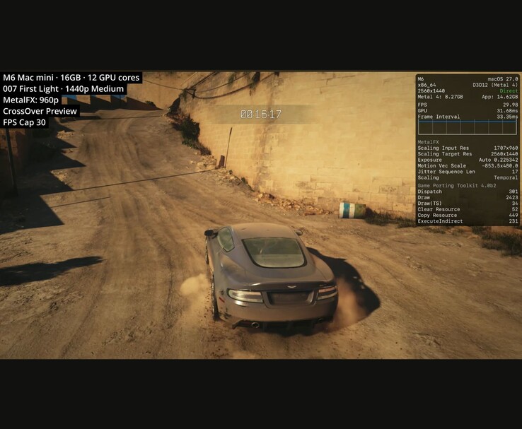 007 First Light draait met 30 FPS op een Mac mini M6 met 16 GB via CrossOver bij een resolutie van 1440p en gemiddelde instellingen.