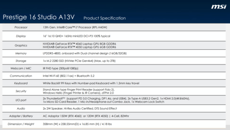 MSI Prestige 16 Studio A13V - Specificaties. (Afbeelding Bron: MSI)