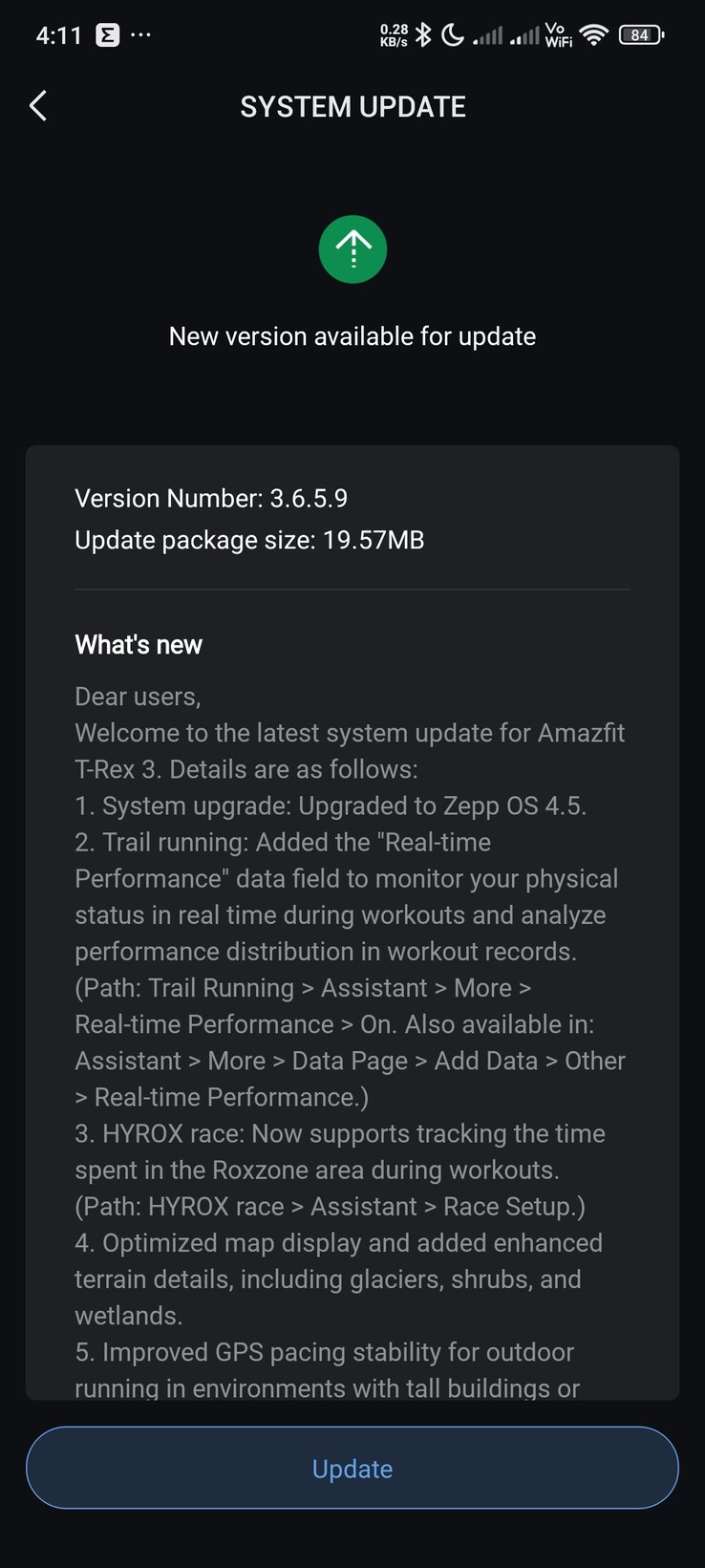 De release notes voor de versie 3.6.5.9 update voor de Amazfit T-Rex 3 smartwatch. (Afbeeldingsbron: Facebook)