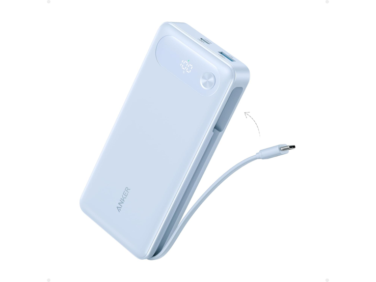 De Anker Power Bank (20K, 87W, Ingebouwde USB-C Kabel) in Misty Blue