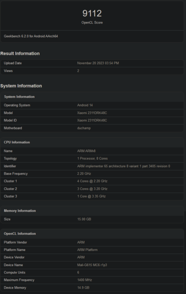 MediaTek Dimensity 8300 Geekbench OpenCL benchmark (afbeelding via Geekbench)