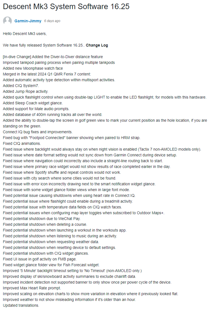 De lijst met wijzigingen voor de Descent Mk3 Systeemsoftware 16.25. (Afbeelding bron: Garmin)