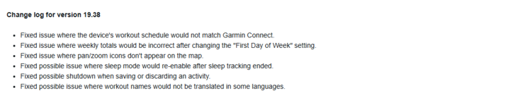 Het wijzigingslogboek voor bètaversie 19.38 voor de Garmin Fenix 7 en verwante smartwatches. (Afbeelding bron: Garmin)