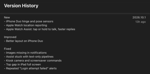 Het wijzigingslogboek voor versie 2026.10.1 van de Home Assistant-app voor iOS