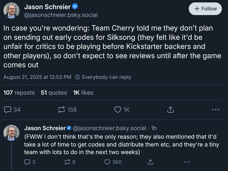 Jason Schreier Hollow Knight: Silksong reviews update (Afbeelding bron: screenshot, Jason Schreier Bluesky account)