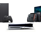 Op de foto: de Xbox Series X, de Sony PS5 Slim Disc Edition en de Nintendo Switch 2
