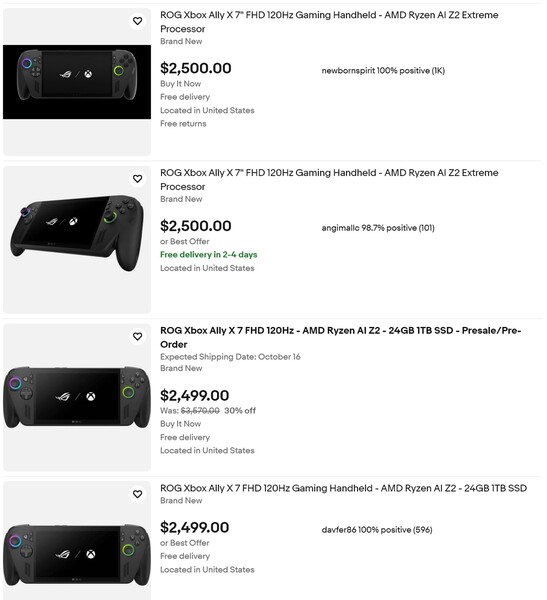 Asus ROG Xbox Ally X prijzen op eBay (Afbeelding bron: screenshot, eBay)