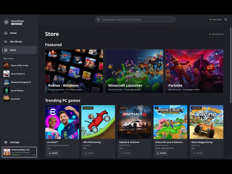 De winkelpagina is ontworpen om Steam Deck-gebruikers games te laten downloaden uit de Microsoft Store en PC Game Pass. (Afgebeeld: Een screenshot van de Xodus Nexus-launcher.)