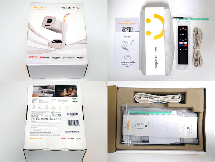 De Yaber T1 Pro wordt geleverd met een handleiding voor een snelle start, een netsnoer, een reinigingsset voor de ventilator en een afstandsbediening. (Afbeeldingsbron: Notebookcheck)