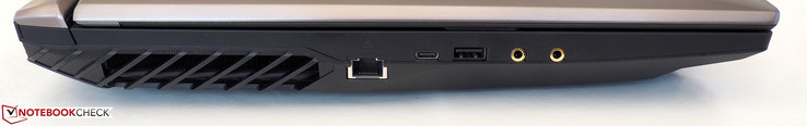 Links: RJ45-LAN, Thunderbolt 3, USB-A 3.0, microfoon, koptelefoon