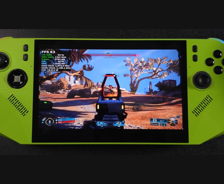 Borderlands 4 draait op de MSI Claw 8 AI handheld met AMD Ryzen Z2 Extreme, toont FPS-teller op het scherm en prestatie-overlay tijdens gameplay (ETA PRIME via YouTube)