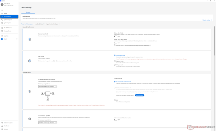 Let op de rode tekst die de gebruiker suggereert om het systeem op netvoeding aan te sluiten als het op de modus Prestaties wordt ingesteld