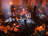 Een afbeelding van een gevecht tegen een vuurreus in Age of Wonders 4.