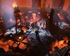 Een afbeelding van een gevecht tegen een vuurreus in Age of Wonders 4.