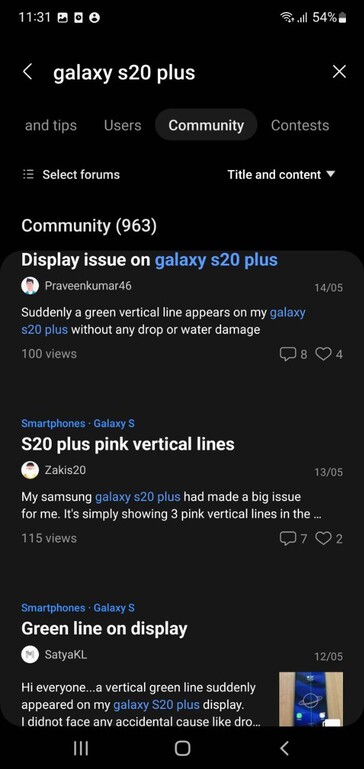 Gebruikers klagen over Galaxy S20 Plus displayproblemen op Samsung Members (afbeelding via eigen)