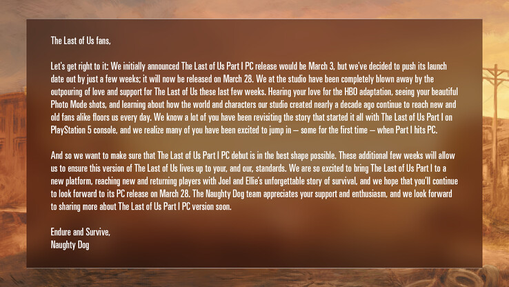 Verklaring van Naughty Dog over The Last of Us Part 1 PC port (afbeelding via Naughty Dog)