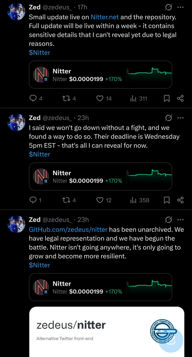 Zedeus, hoofdontwikkelaar bij Nitter, verklaart dat hij klaar is om de rechtszaak tegen X Corp aan te gaan en dat er deze week een uitgebreide update zal worden gepubliceerd.