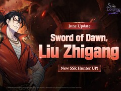Officieel promotiemateriaal voor de Sword of Dawn-karakterbanner waarin SSR-jager Liu Zhigang wordt geïntroduceerd.