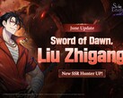 Officieel promotiemateriaal voor de Sword of Dawn-karakterbanner waarin SSR-jager Liu Zhigang wordt geïntroduceerd.