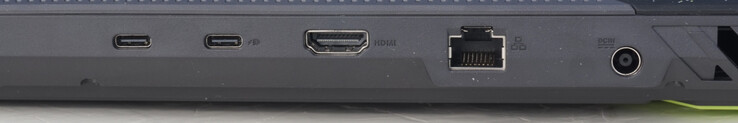Aansluitingen achterzijde: USB-C (10 Gbit/s, DP, G-Sync), USB-C (10 Gbit/s, DP, PD), HDMI 2.1 FRL, LAN-poort (1 Gbit/s), voedingspoort
