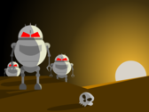 Cartoonachtige robots die naast een menselijke schedel staan