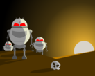 Cartoonachtige robots die naast een menselijke schedel staan