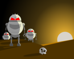 Cartoonachtige robots die naast een menselijke schedel staan