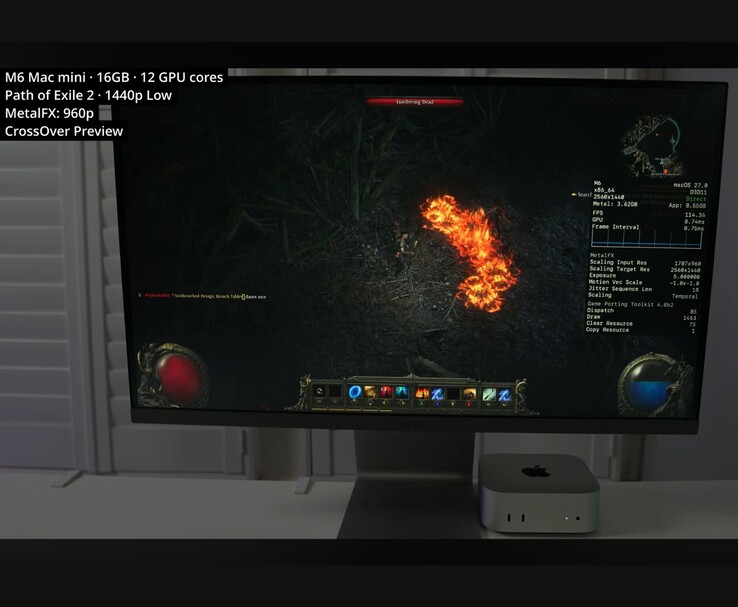 Path of Exile 2 draait op een Mac mini met 16 GB M6 via CrossOver op 1440p met lage instellingen.