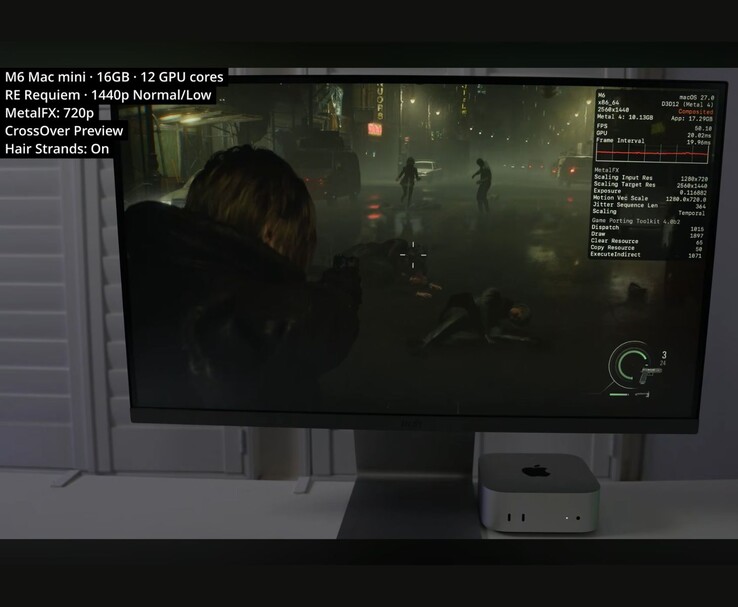 Resident Evil Requiem draait met ongeveer 50 FPS op een Mac mini M6 met 16 GB via CrossOver.