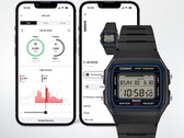 Het digitale horloge Casio F-B100W wordt getoond voor twee smartphoneschermen waarop de bijbehorende Life Log-app wordt weergegeven, met gegevens over het aantal stappen en de activiteiten.