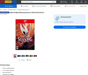 Hollow Knight Silksong Switch 2 RTV Euro AGD aanbieding (Afbeelding bron: screenshot, RTV Euro AGD)