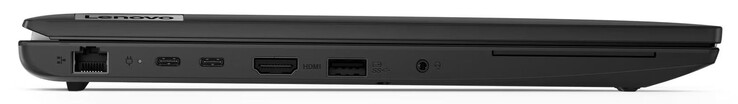 Linkerkant: Gigabit Ethernet, USB 3.2 Gen 2 (USB-C; Power Delivery, Displayport), HDMI, USB 3.2 Gen 1 (USB-A), audiocombo, SmartCard-lezer