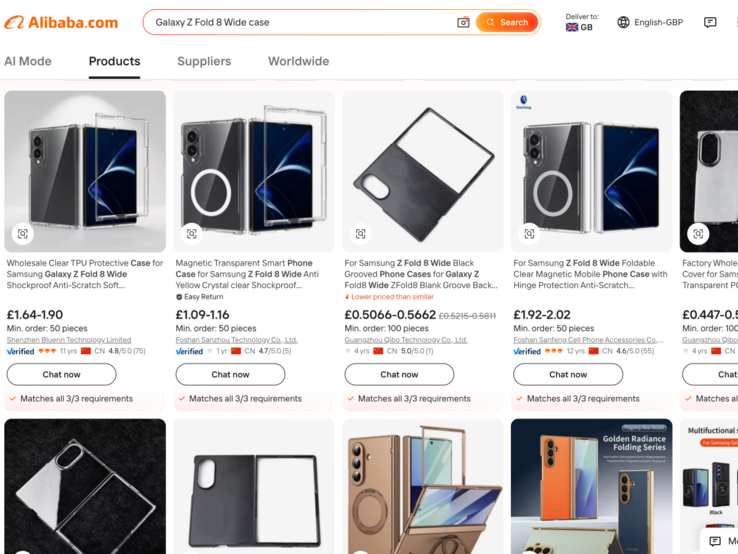 Galaxy Z Fold 8 Wide koffers vermeld op Alibaba.