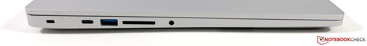 Linkerzijde: Kensington-slot, USB-C 3.2 Gen.2 (10 Gbps, DisplayPort-ALT modus 1.4, Power Delivery), USB-A 3.2 Gen.1 (5 Gbps), kaartlezer, 3,5 mm stereo-aansluiting