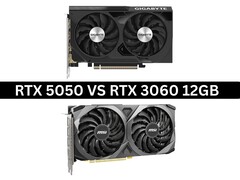 Zij-aan-zij afbeelding van Nvidia GeForce RTX 5050 en RTX 3060 12 GB grafische kaarten (Afbeelding Bron: Productafbeeldingen via Gigabyte en MSI. Samengesteld door Anmol Dubey via Notebookcheck).