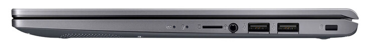 Rechterkant: geheugenkaartlezer (MicroSD, optioneel), audiocombo, 2x USB 2.0 (USB-A), sleuf voor een kabelslot