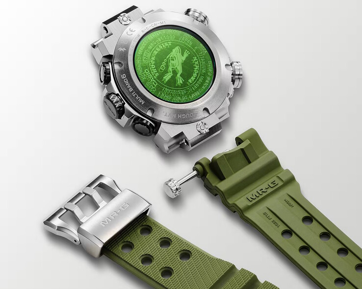 De Frogman MRG-BF1000RG heeft een heldergroen saffierglas in het midden van de titanium achterkant, samen met een eenvoudig te verwijderen fluorrubberen polsband die flexibel en comfortabel is om te dragen. (Afbeeldingsbron: Casio)