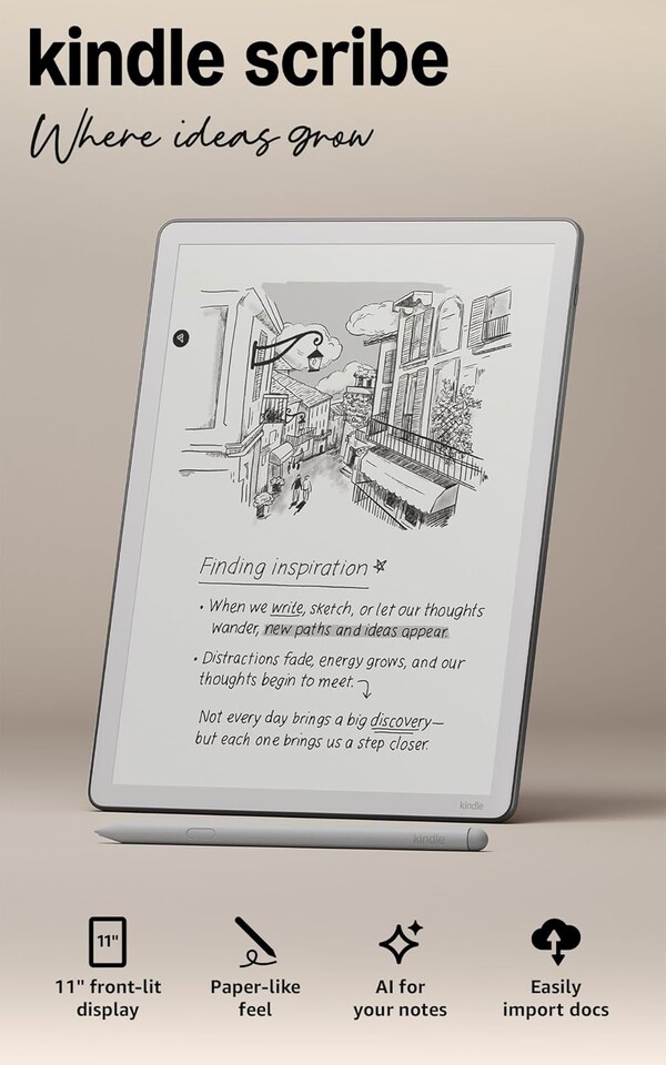 De nieuwe Kindle Scribe heeft nu aan alle zijden even grote randen. (Afbeeldingsbron: Amazon)