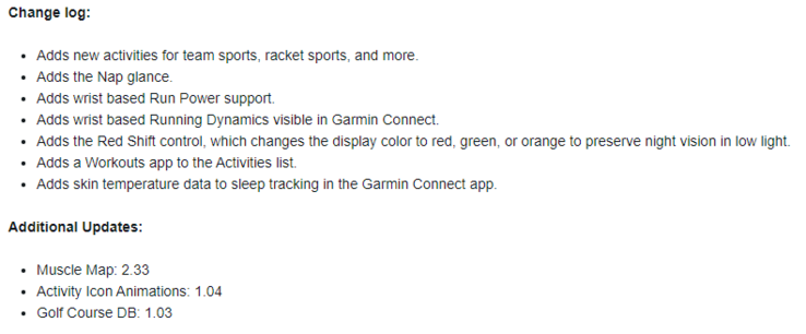 Het wijzigingslogboek voor Garmin Public Beta 8.23. (Afbeelding bron: Garmin)