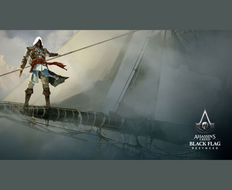 Assassin's Creed Black Flag Resynced officieel artwork met Edward Kenway staande op een scheepsmast.
